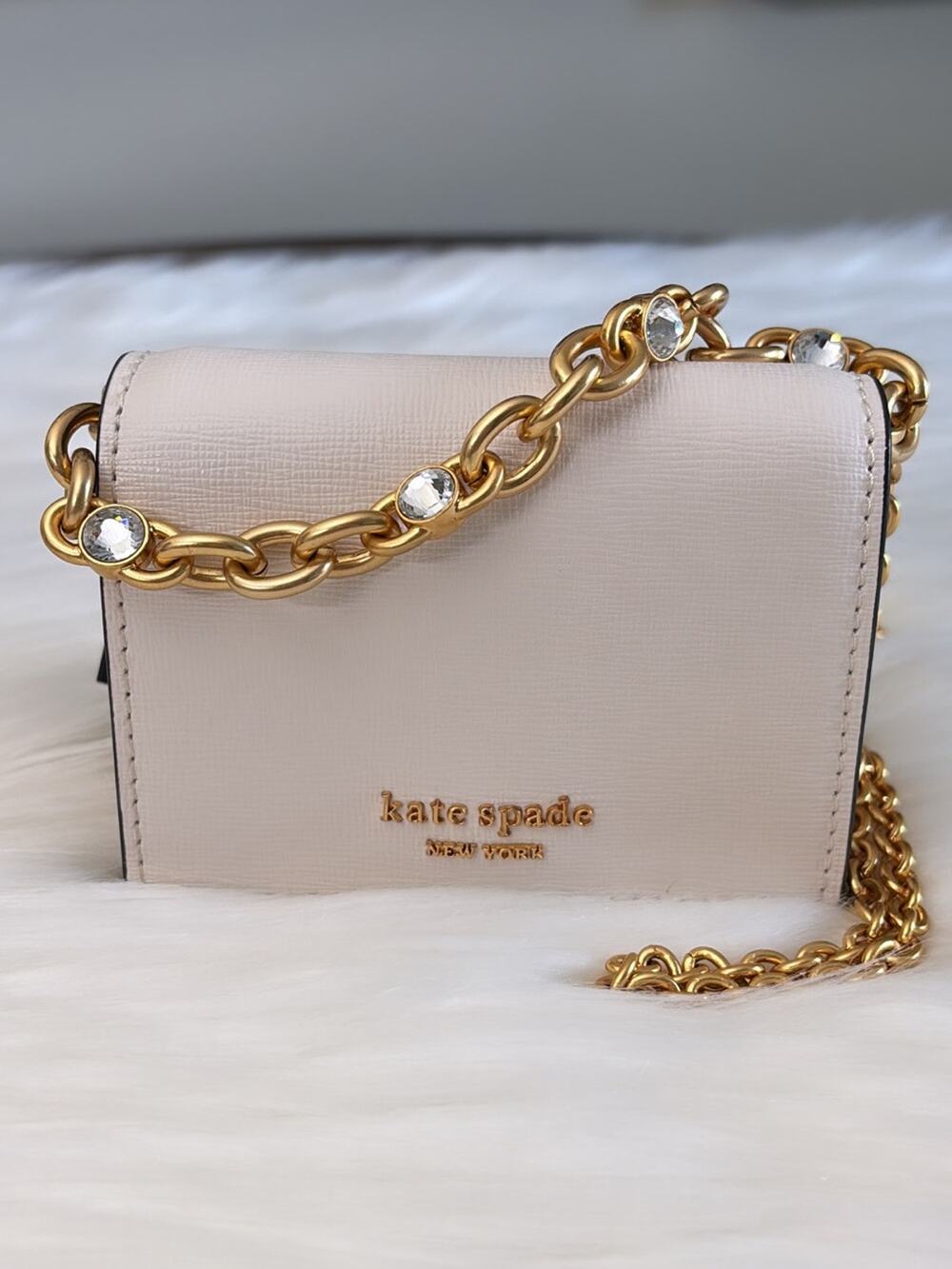 kate spade Cream Mini Saffiano Crossbody with Gold Chain & Crystal Accents